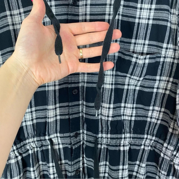 Norma Kamali Flannel Hoodie Shirt Womens Medium Black Plaid Hooded Tunic Top - Picture 6 of 12